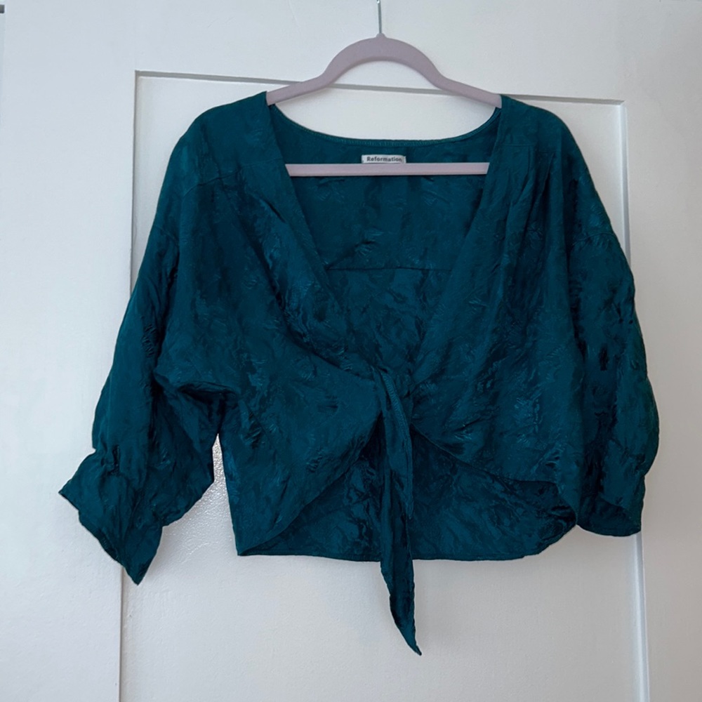 Reformation Teal Textured Tie-Front Crop Top
